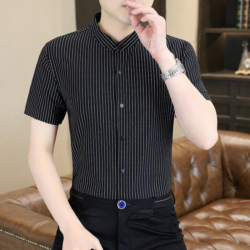 2025新款男士短袖衬衫夏季条纹修身商务休闲半袖冰丝无痕衬衫潮