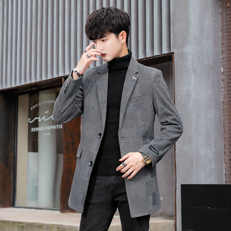 毛呢大衣男秋冬季商务保暖外套中青年上衣中长款西服修身呢子风衣