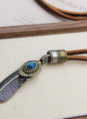 两件八折复古羽毛牛皮绳休闲项链