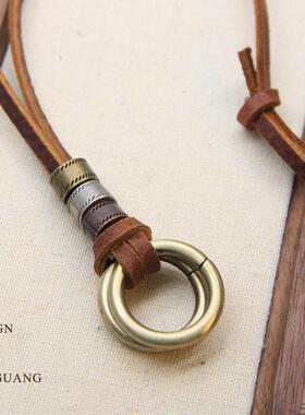 复古文艺双圈牛皮绳可调毛衣链休闲项链个性简约设计真皮饰品男女
