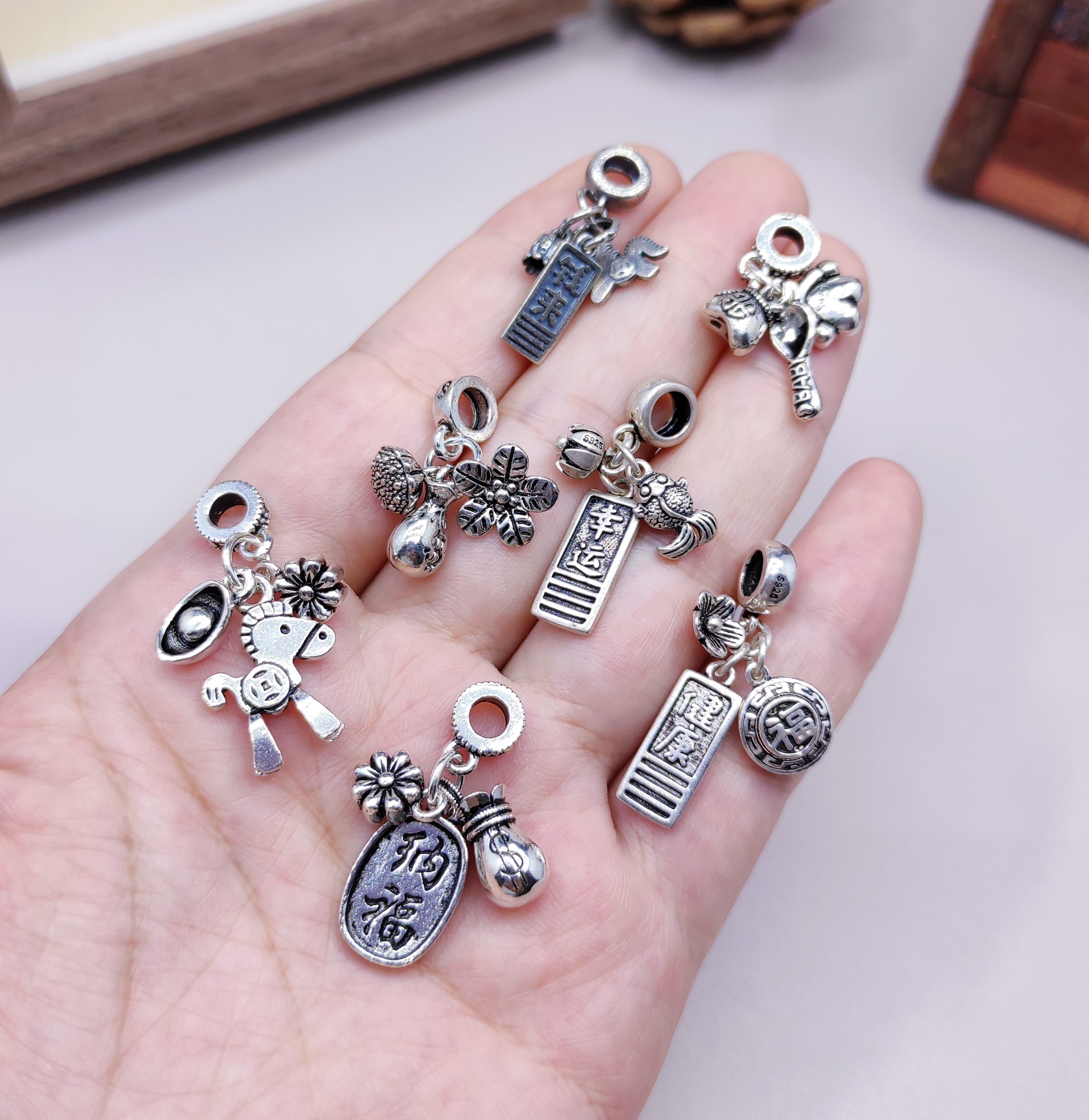 S925纯银马上有钱花吊坠挂件diy手链配件配饰材料100元包邮667 7