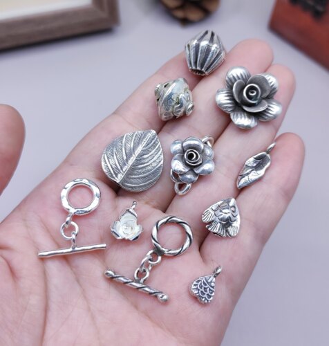 泰国清迈手工银花朵吊坠OT扣手链项链配件滴流diy手作材料755 8