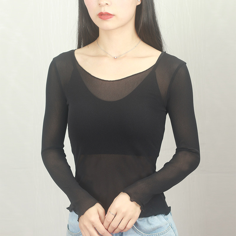 圆领网纱打底衫女夏薄款沙罩衫内搭纱衣透视洋气内衬长袖网纱上衣