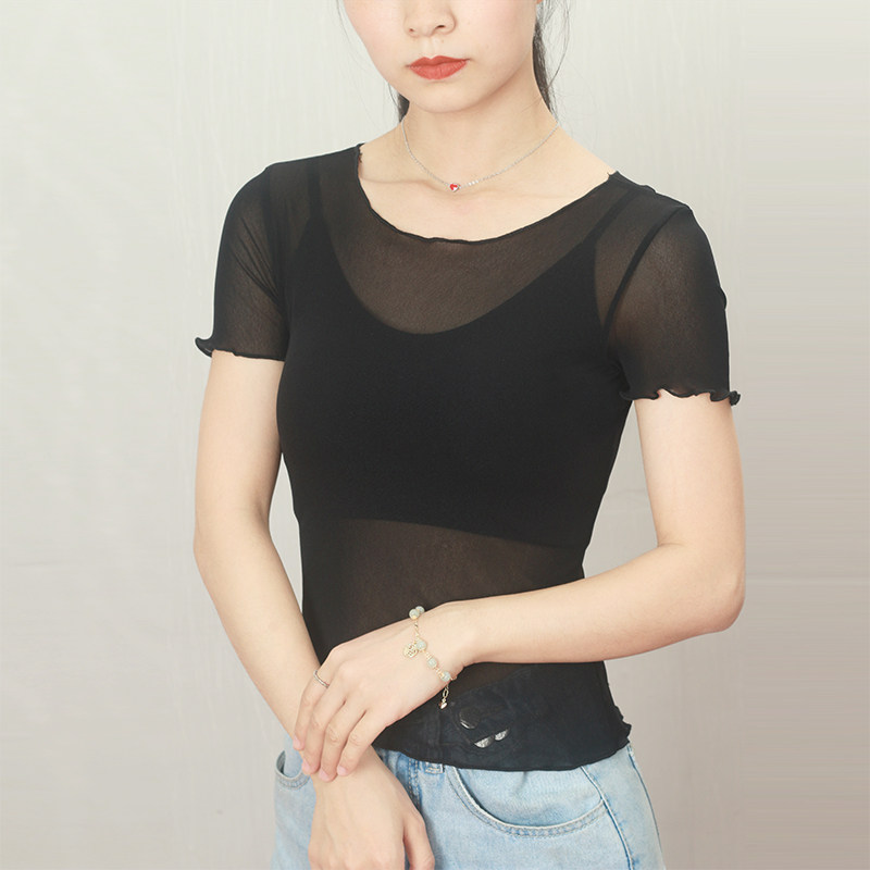 透视薄款短袖t恤女上衣夏季新款搭配吊带裙子内搭罩衫网纱打底衫