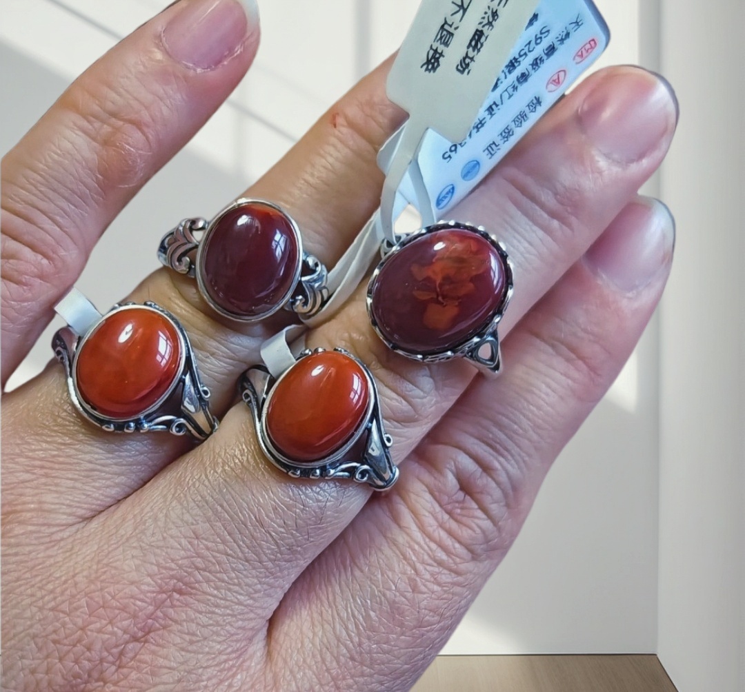 天然南红川料火焰纹保山高级原生态石大颗粒S925纯银复古银戒指