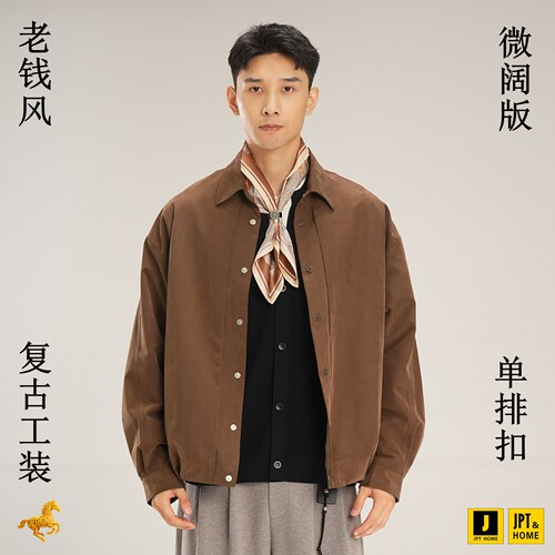 宽松版单排扣复古风工装翻领外套