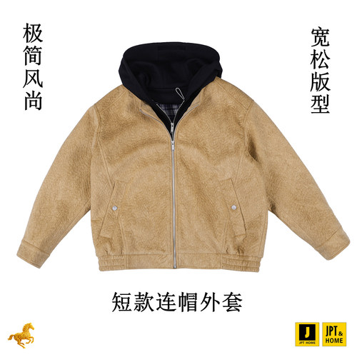 宽松休闲格纹内衬短款连帽外套