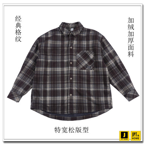 特宽松经典格纹翻领加绒衬衫外套