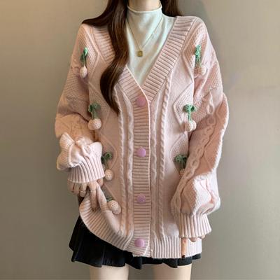 V领粉色草莓毛衣外套女20