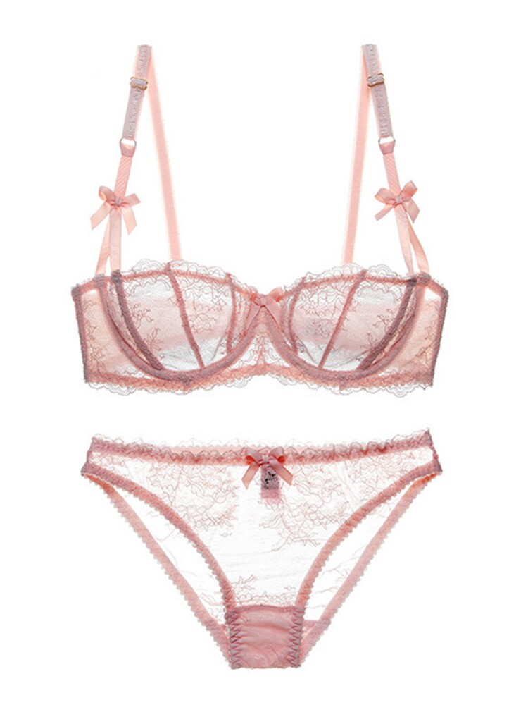 Sexy lingerie women's lace transparent comfortable large size underwear set Ultra-thin no sponge gathered bra large chest is small