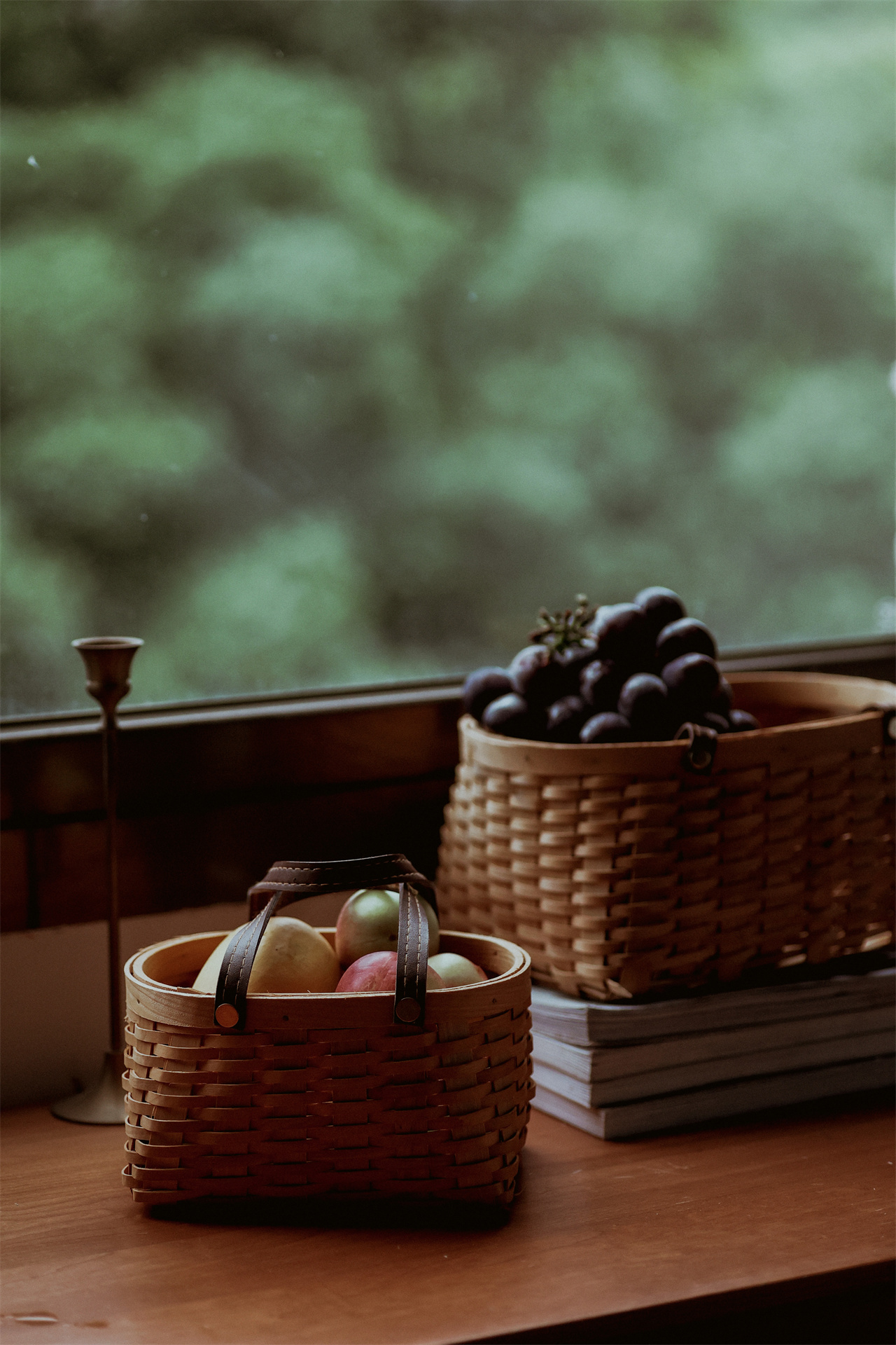 美式田园手工皮把手木片花篮桌面水果零食收纳筐摄影道具家庭装饰