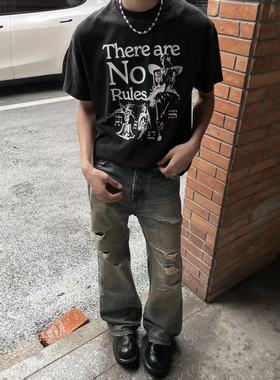 Baseplate没有规则黑灰骷髅插画水洗复古休闲短宽boxy纯棉短袖Tee