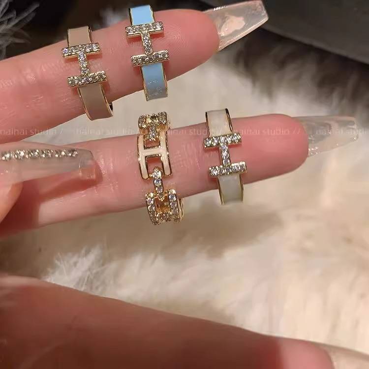 H字母戒指~镀真金!珐琅滴油高级感轻奢开口食指戒独特小众指环女