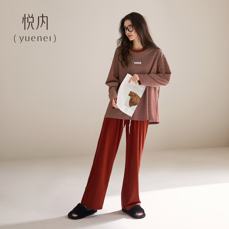 悦内带胸垫睡衣女款春秋季秋天纯棉长袖家居服休闲运动显白莓红色