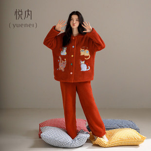 悦内睡衣女冬季法兰绒加厚珊瑚绒家居服可爱猫套装红色本命年新年