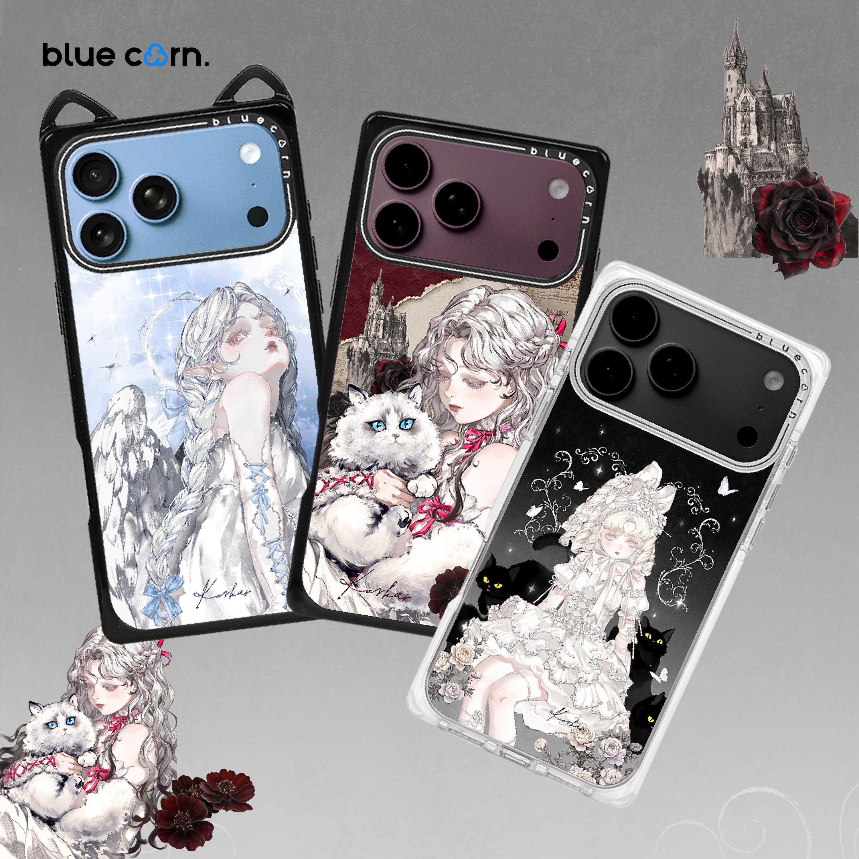 【bluecorn】蓝色苞米karkar系列暗夜白裙猫影银翼少女适用iPhone 18/17/16/15PRO/MAXmagsafe磁吸防摔手机壳