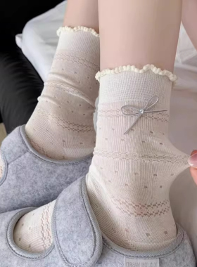 芭蕾风白色花边袜子女夏季薄款蝴蝶结可爱甜美中筒袜学院风堆堆袜