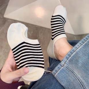 袜子女纯棉船袜浅口防滑不掉跟春夏季 ins潮日系黑白条纹短袜 薄款