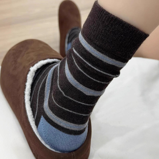 咖蓝！秋冬复古撞色条纹堆堆袜太百搭啦！条纹控狂喜~无骨羊毛袜
