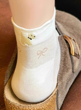 刺绣小狗白色袜子女纯棉夏季薄款