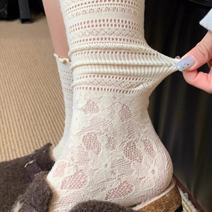蕾丝花边镂空中筒袜 日系jk百搭堆堆袜配小皮鞋 白色袜子女夏季 薄款