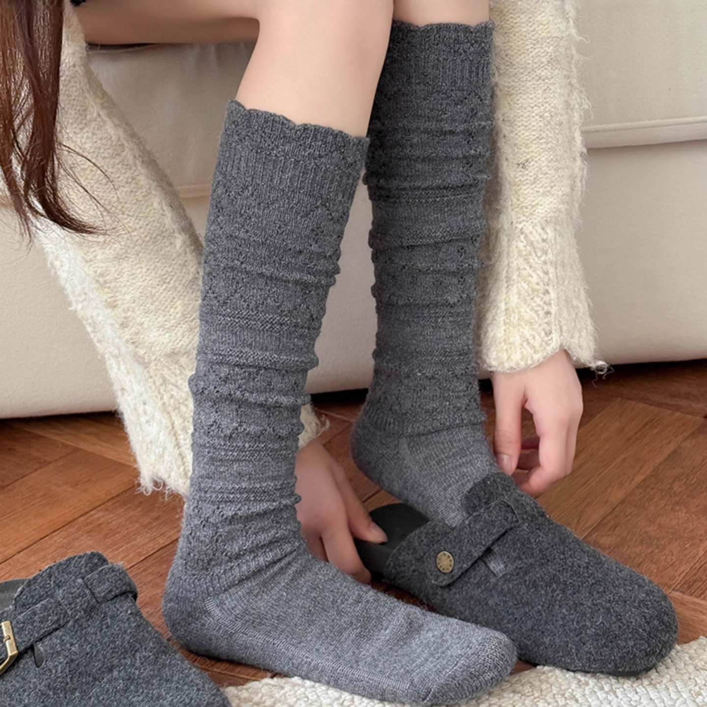 灰色羊毛小腿袜女秋冬款日系复古