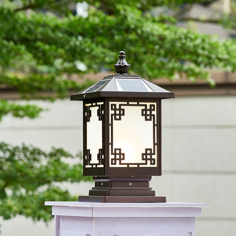 室外柱头灯防水别墅大门口柱子新中式院子铝合金太阳能两用围墙灯