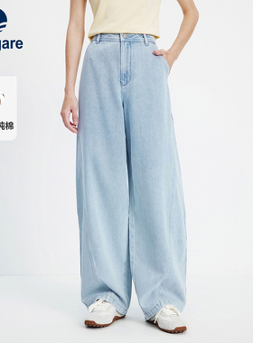 Navigare意大利小帆船纯棉牛仔长裤女2026春季新款蓝色高腰弯刀裤
