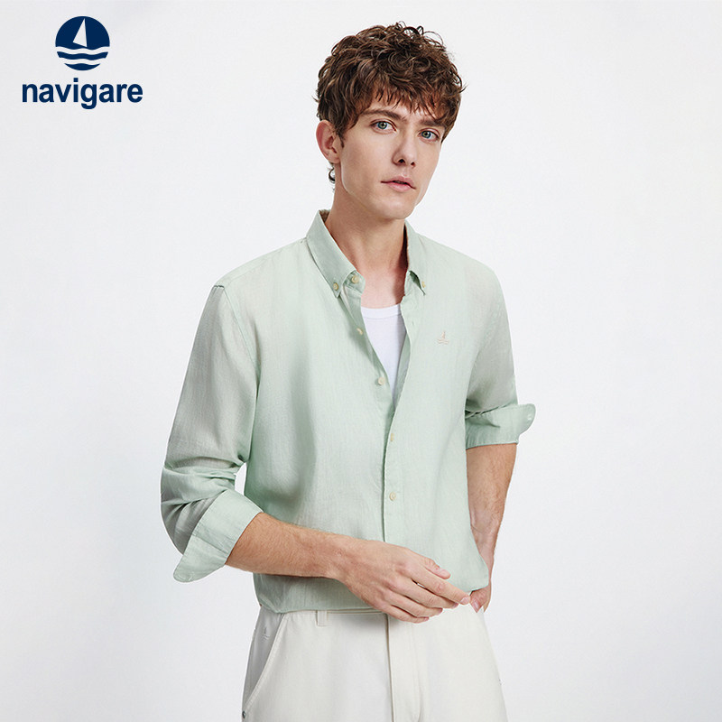 Navigare意大利小帆船绿色老钱风亚麻衬衫男2026春季宽松