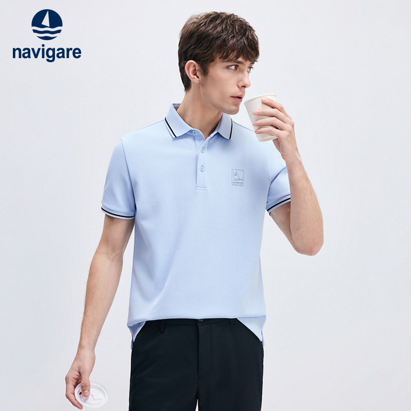 [速干]Navigare意大利小帆船新款蓝色翻领夏季POLO男休闲短袖T恤