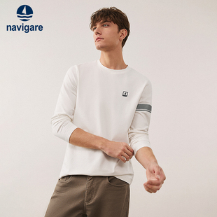 白色莫代尔t恤男长袖 Navigare意大利小帆船秋季 圆领体恤 磨毛