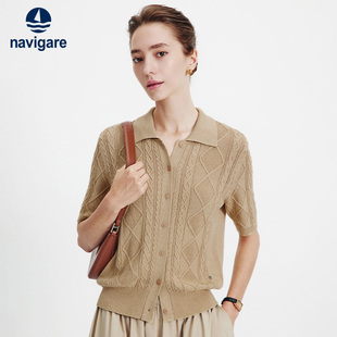 Navigare意大利小帆船老钱风短袖针织衫女2026春夏百搭翻领开衫
