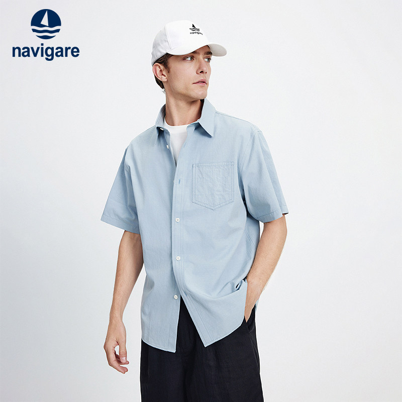Navigare意大利小帆船蓝色短袖衬衫男2026夏季宽松亚麻衬
