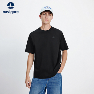 抗菌圆领套头衫 Navigare意大利小帆船黑色宽松短袖 T恤男2026夏季