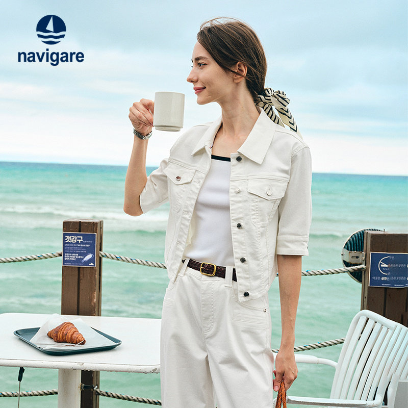[三防]Navigare意大利小帆船白色牛仔短外套女2026春夏五分袖上衣,女装/女士精品,短外套,淘宝优惠券,粉丝福利购,淘宝优惠卷