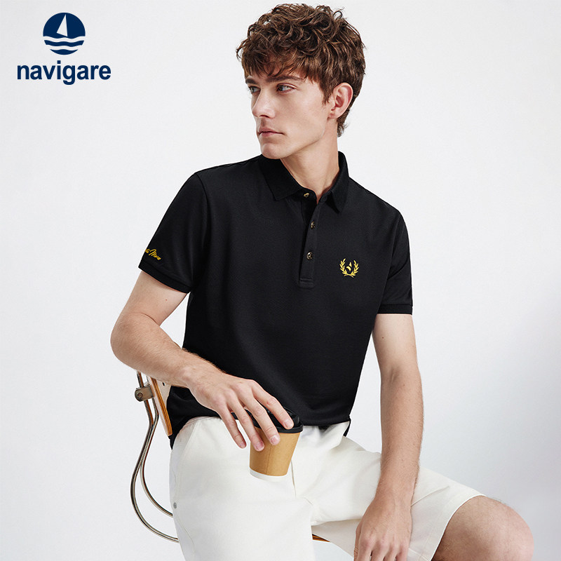 [桑蚕丝]Navigare意大利小帆船黑色短袖Polo衫男夏季休
