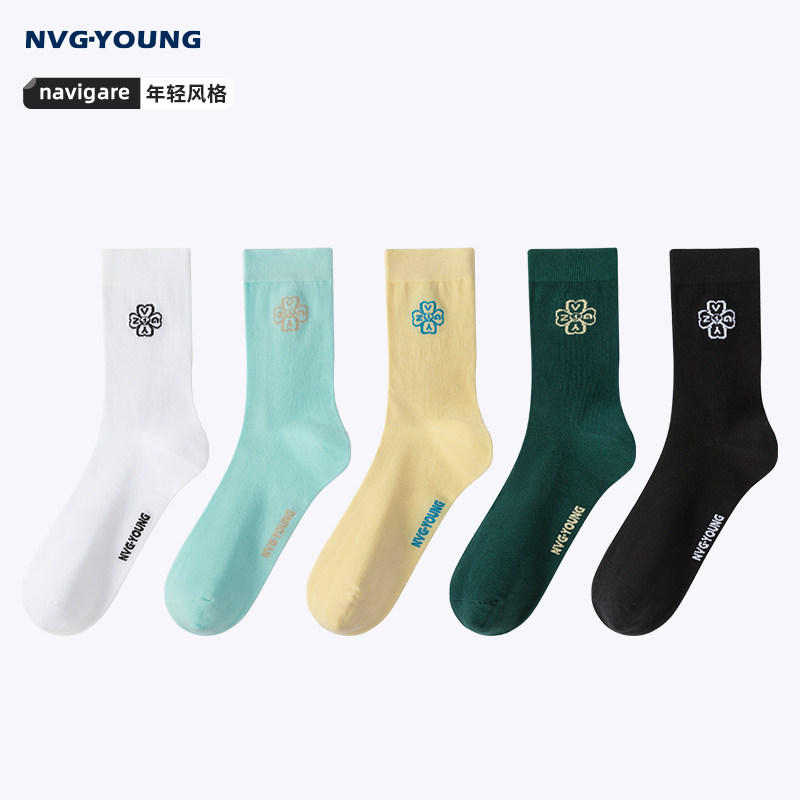Navigare小帆船春夏新款简约提花长筒袜男女同款休闲情侣袜子