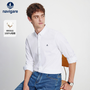 休闲长袖 Navigare意大利小帆船白色纯棉衬衫 新品 春季 衬衣 男士