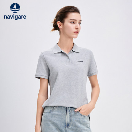[明星同款]Navigare意大利小帆船灰色翻领polo衫女士短袖刺绣T恤