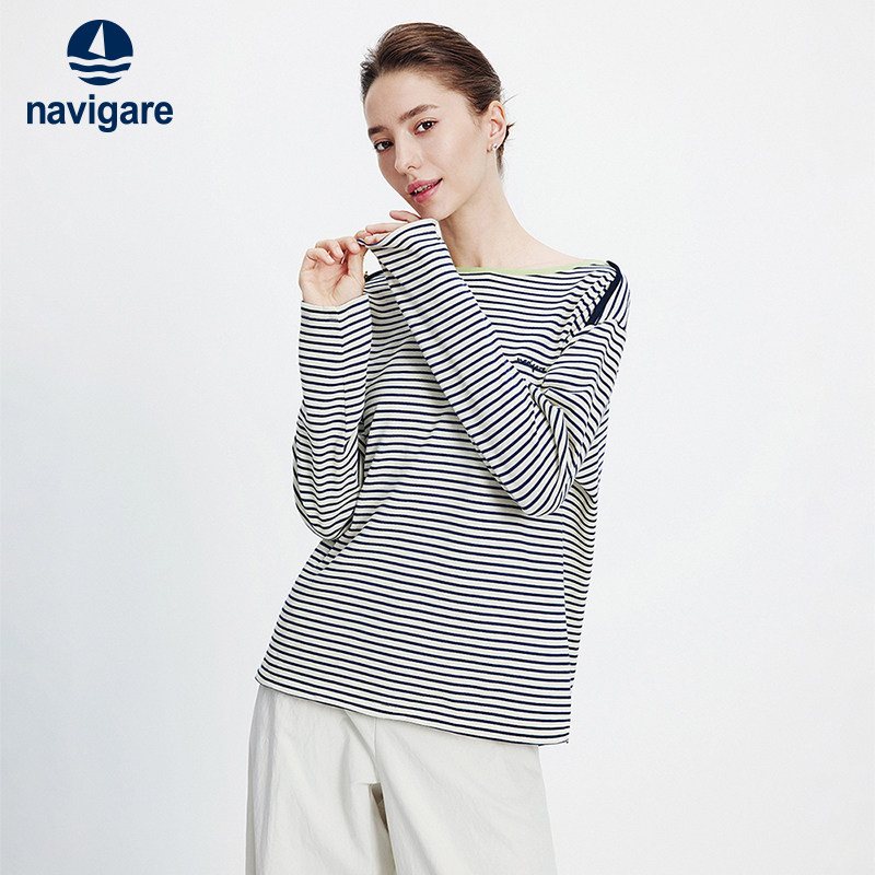 Navigare意大利小帆船时尚一字领长袖T恤女2026春季纯棉宽松体恤