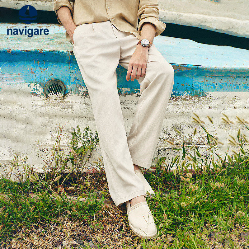 Navigare意大利小帆船卡其色休闲裤男2026春夏莱赛尔弹力阔腿长裤