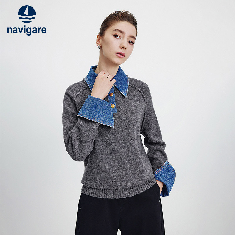 Navigare意大利小帆船假两件羊毛针织衫女秋季新款宽松毛衣,女装/女士精品,毛衣,淘宝优惠券,粉丝福利购,淘宝优惠卷