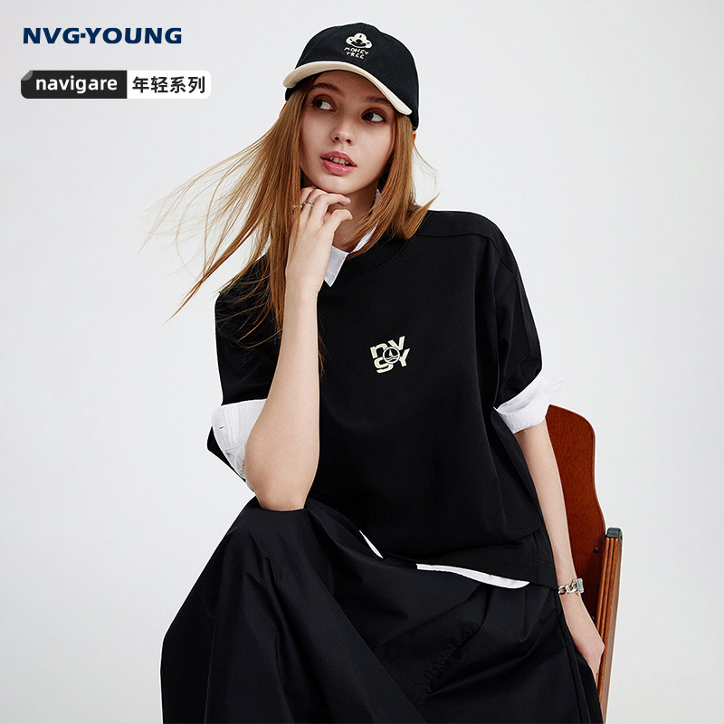 Navigare意大利小帆船黑色圆领短袖T恤女2026夏季宽松半