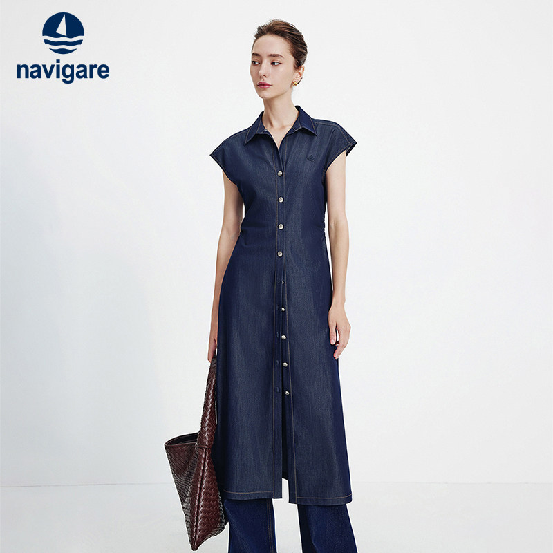 Navigare意大利小帆船翻领仿牛仔连衣裙女2026夏季通勤收