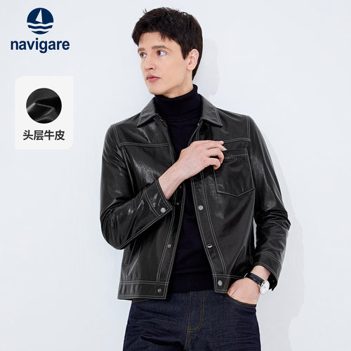 Navigare黑色牛皮翻领皮衣