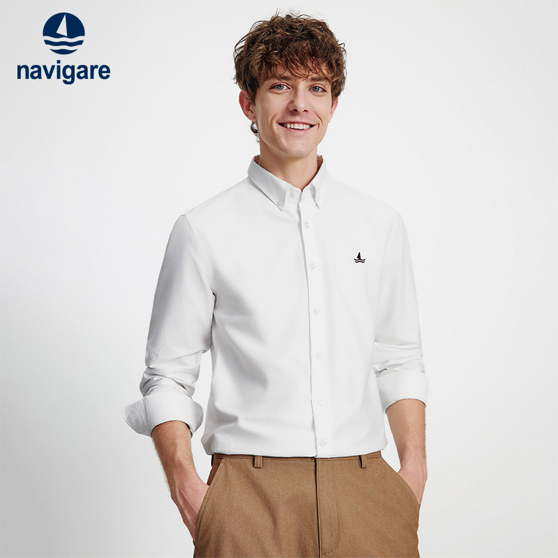Navigare意大利小帆船白色纯棉长袖衬衫男春秋季新款磨毛通勤衬衣