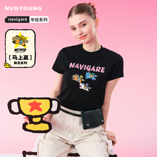 T恤女印花上衣 Navigare小帆船黑色纯棉短袖 POPSUNDAY马上赢系列