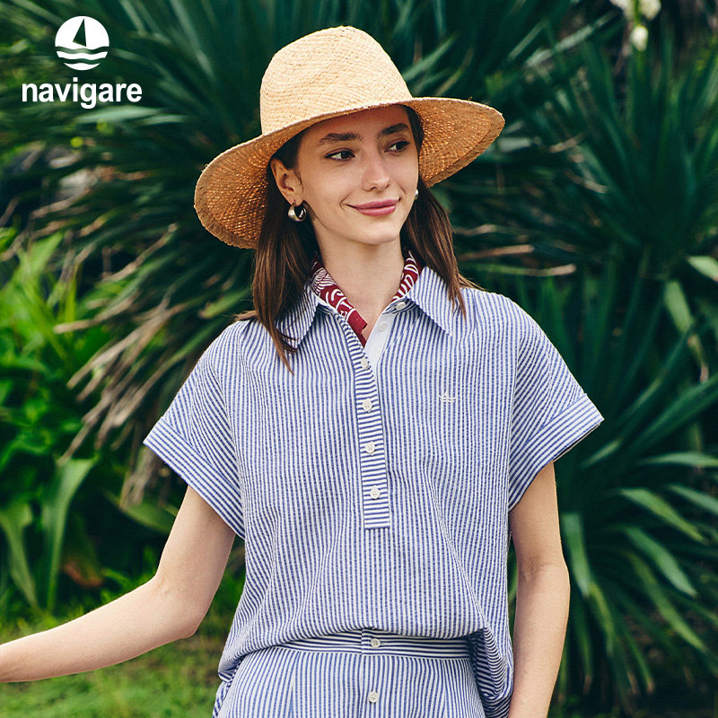 Navigare意大利小帆船短袖条纹衬衫女士2026春夏新款休闲