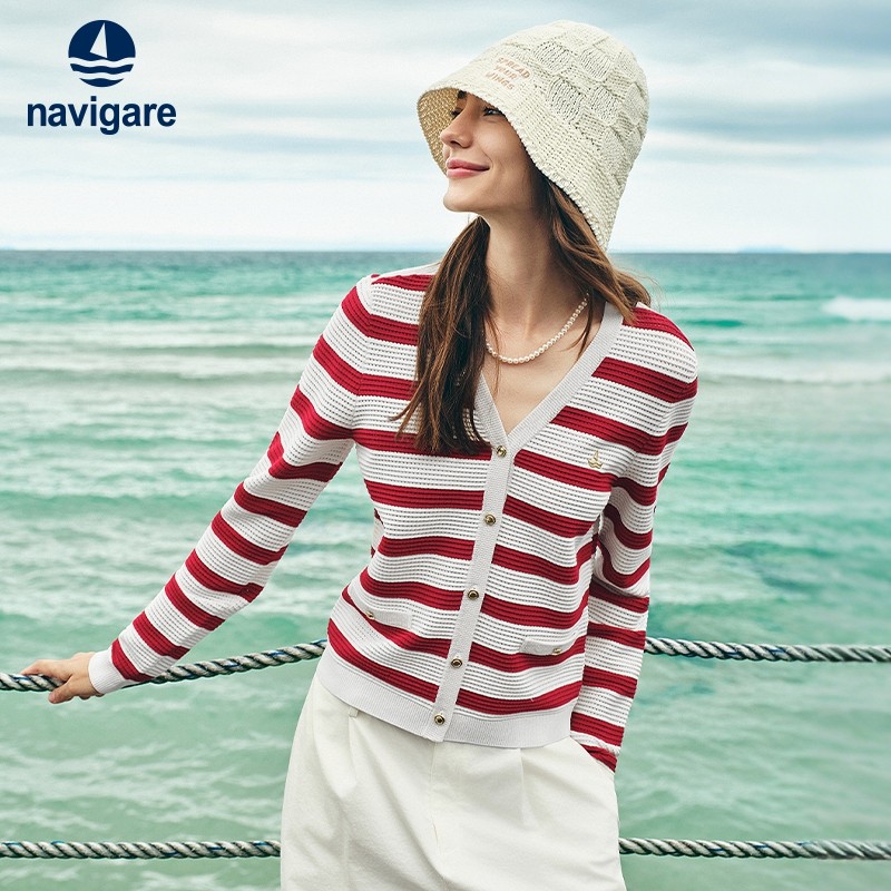 Navigare意大利小帆船红色条纹针织衫女士春季新款时尚V领开衫