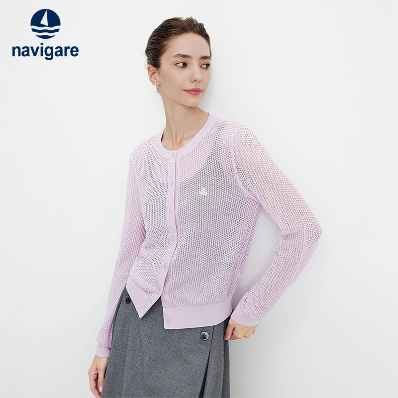 Navigare意大利小帆船粉色镂空针织衫女2026春季薄款圆领开衫毛衣,女装/女士精品,毛针织衫,淘宝优惠券,粉丝福利购,淘宝优惠卷